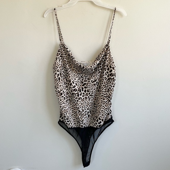 Astr Tops - LEOPARD CHEETAH CREAM BROWN TAN ADJUSTABLE STRAP BODYSUIT COWL NECK